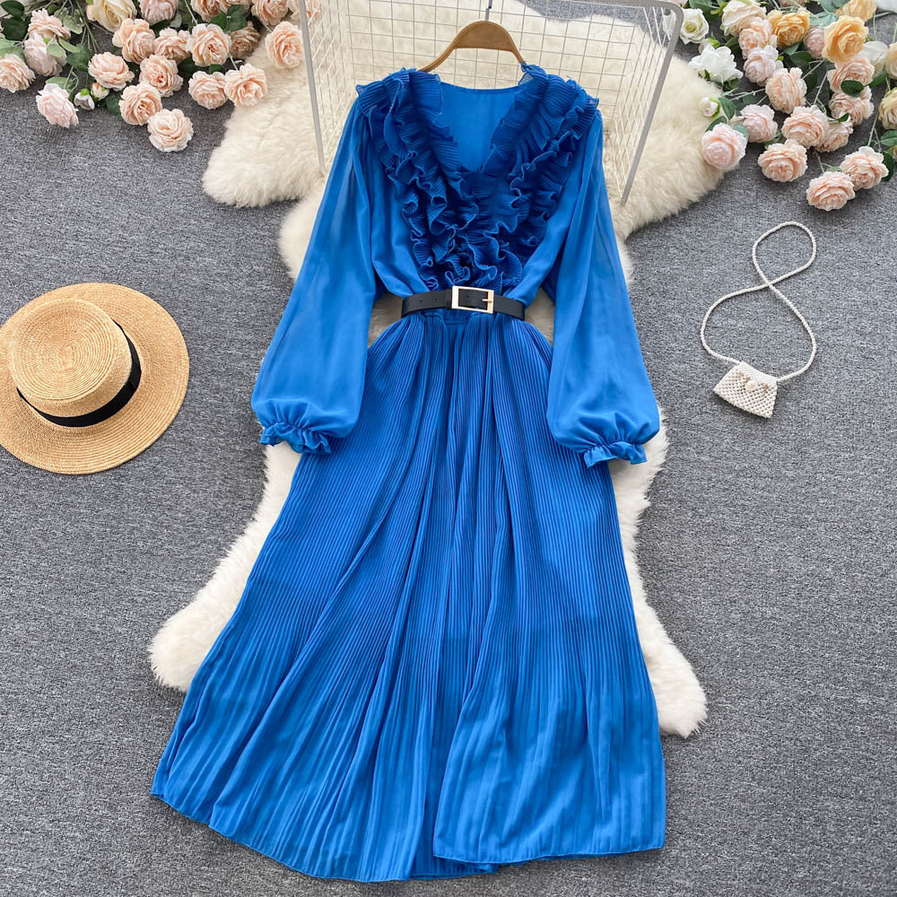 Summer Long Sleeve Chiffon Dress - Elegant Style Blue Average Size