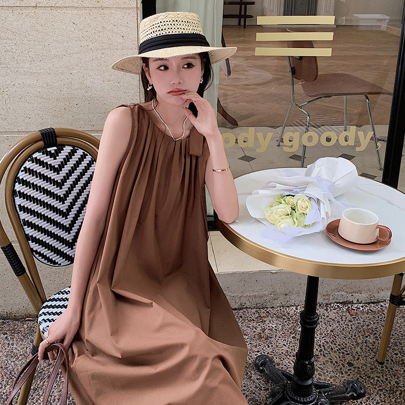 Women's French Sleeveless Dress Summer Brown Coffee Color