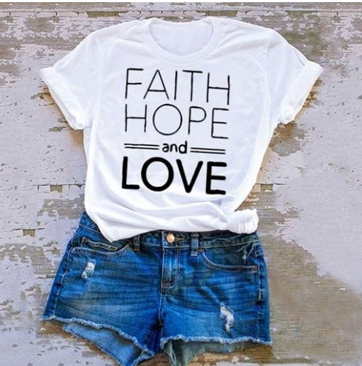 Faith hope and love T-shirts for men and women English alphanumeric street short sleeves White