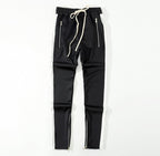 FOG Men's Casual Pants with Zipper - Retro Stripe Design Black