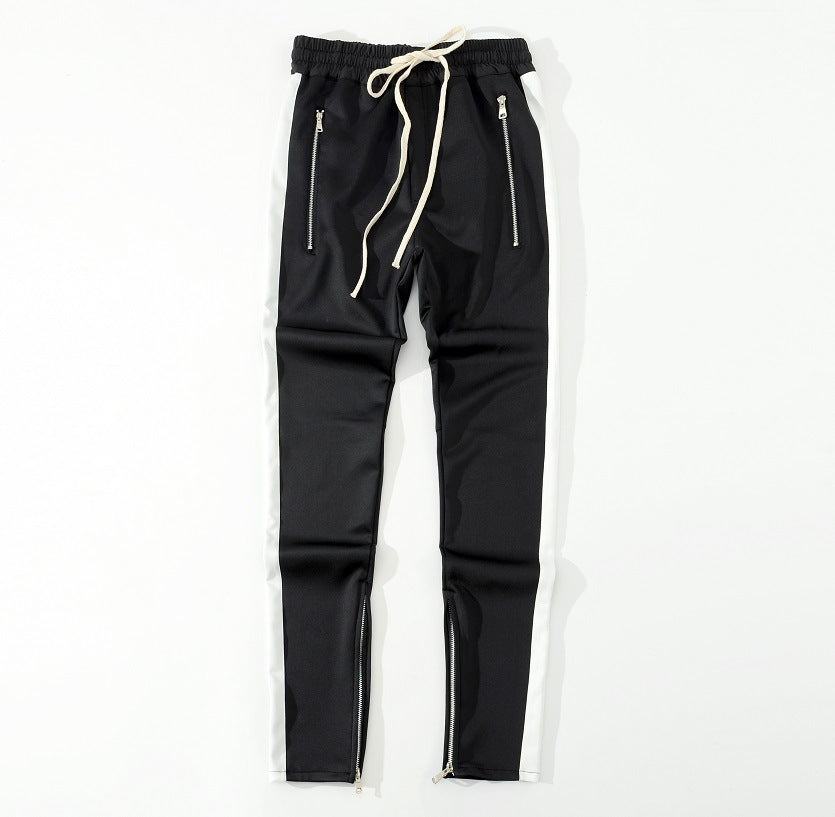 FOG Men's Casual Pants with Zipper - Retro Stripe Design Black