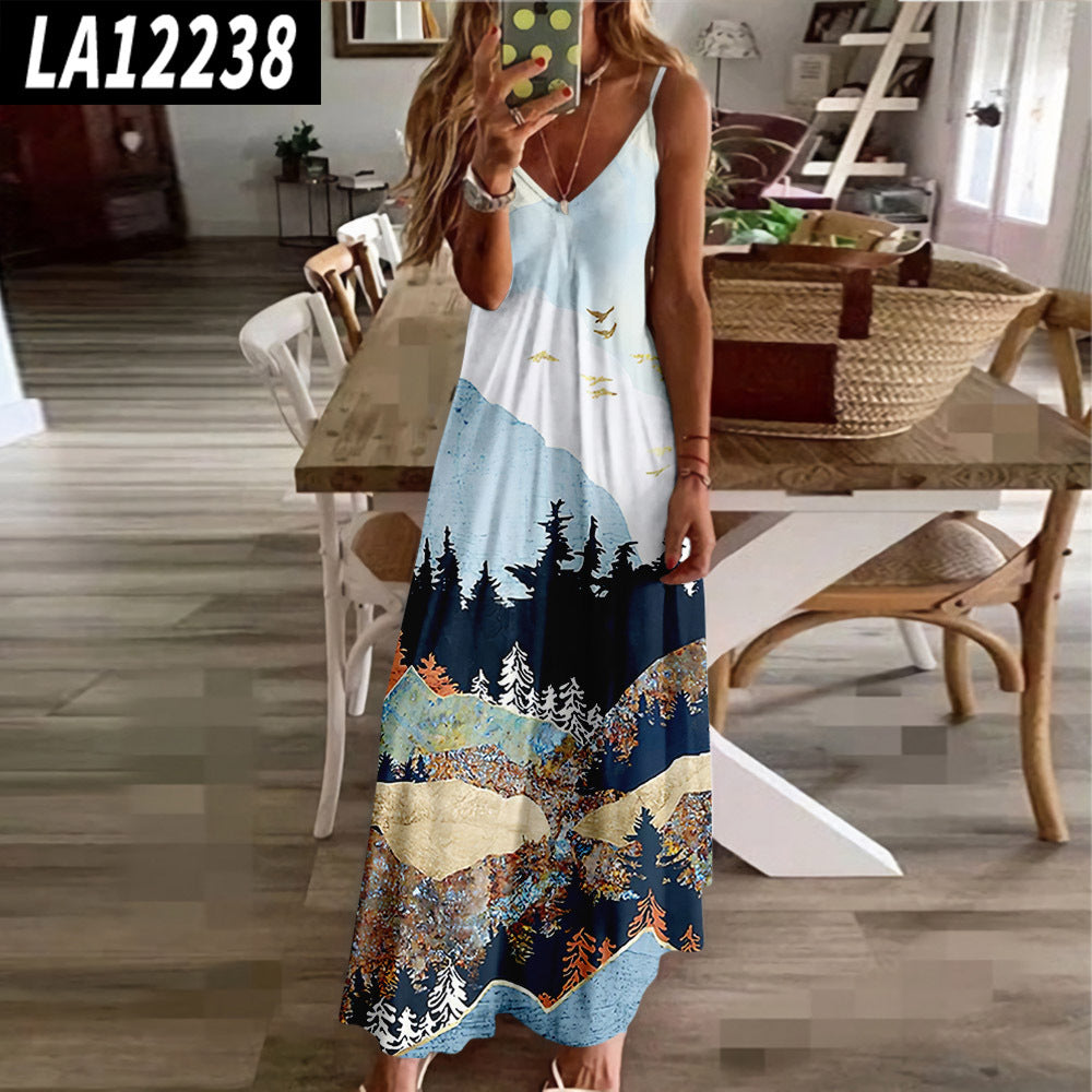 Summer Beach Sling Dress - Abstract Print Slim Fit 5pattern