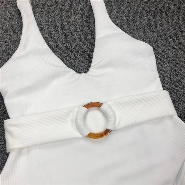 One-Piece Swimsuit with Belt Ring Detail - White