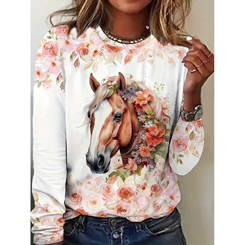 Women’s Horse Print Long Sleeve T-Shirt – Crewneck Casual Tee White