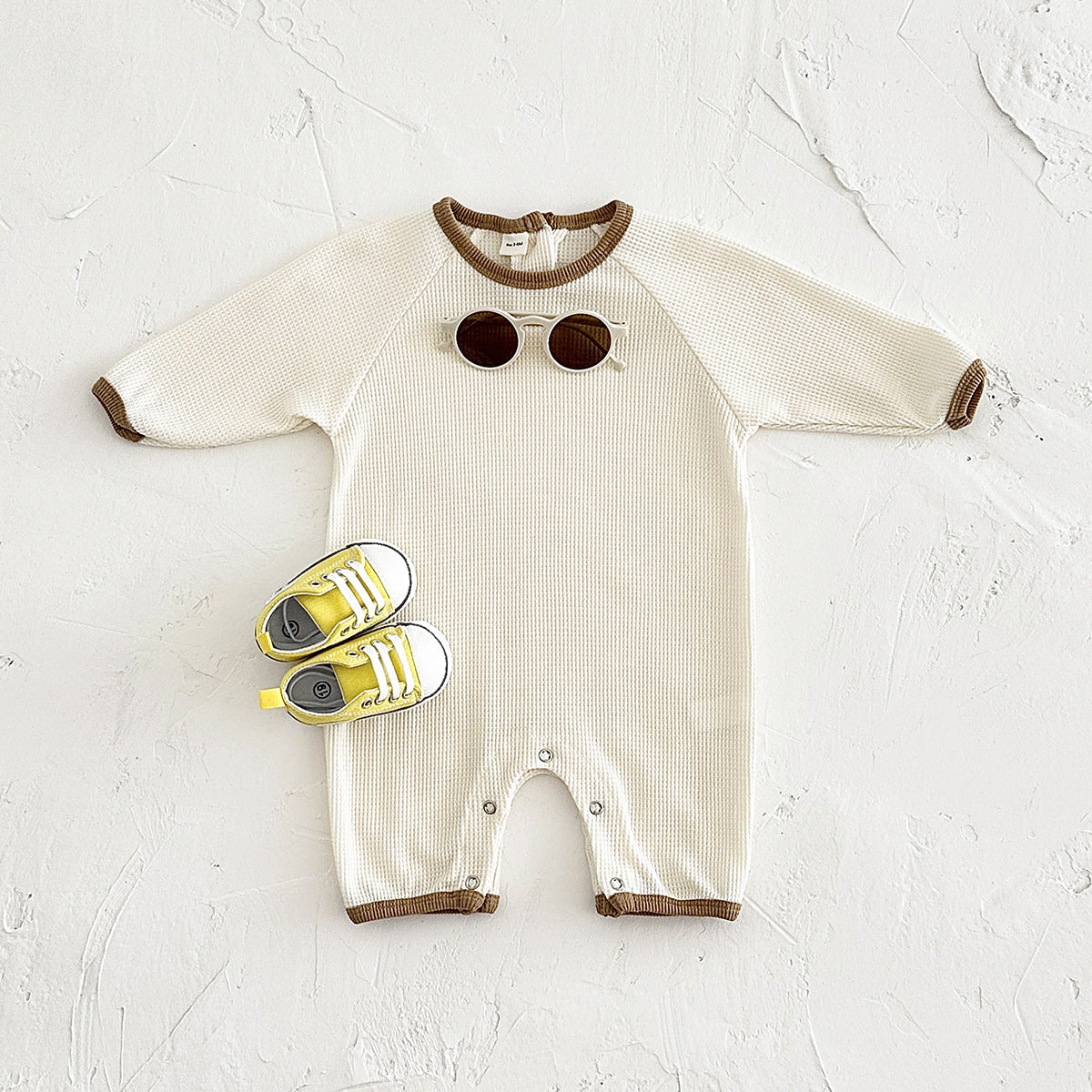 Newborn Rompers Baby Waffle Short Sleeve Rompers Beige