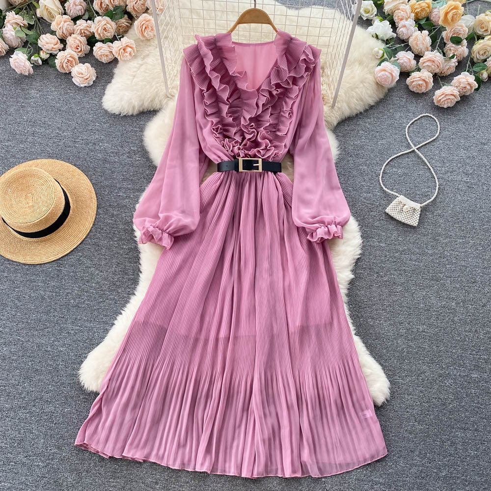 Summer Long Sleeve Chiffon Dress - Elegant Style Pink Average Size