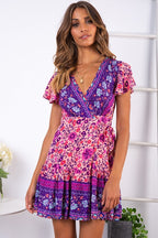 Bohemian V-Neck Print Dress - Summer Short Sleeve Purplish Red