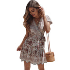 Bohemian V-Neck Print Dress - Summer Short Sleeve Beige