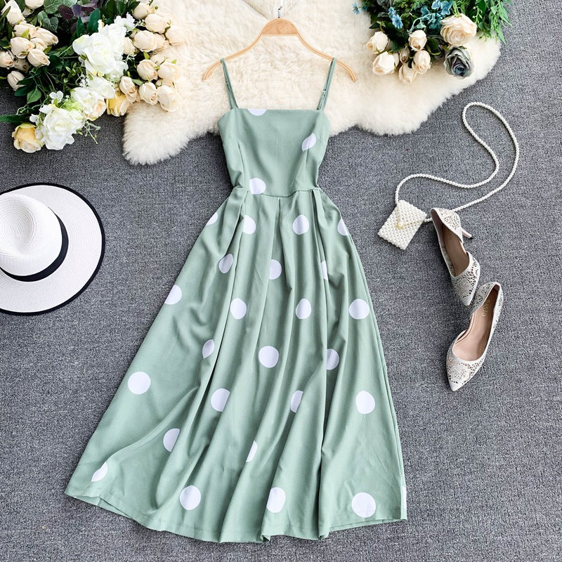 Vintage Polka Summer Dress With Straps Green One size
