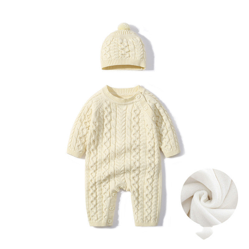Baby Autumn Winter Knitted Onesie - Cozy Romper Beige Add wool