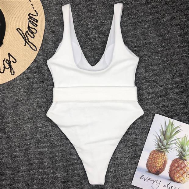 One-Piece Swimsuit with Belt Ring Detail - White