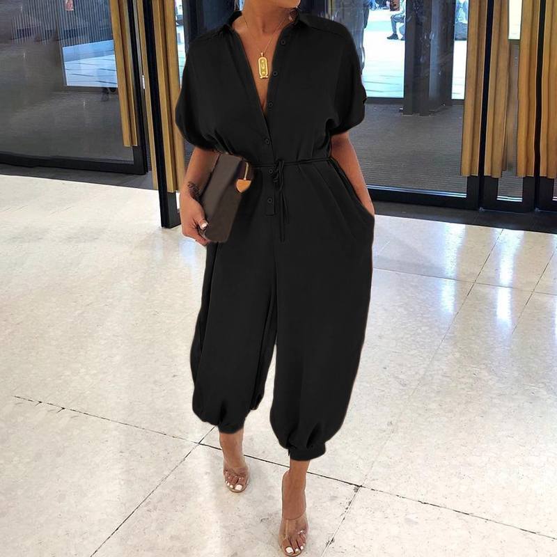 Retro Button-Front Jumpsuit - Vintage Loose Fit Black