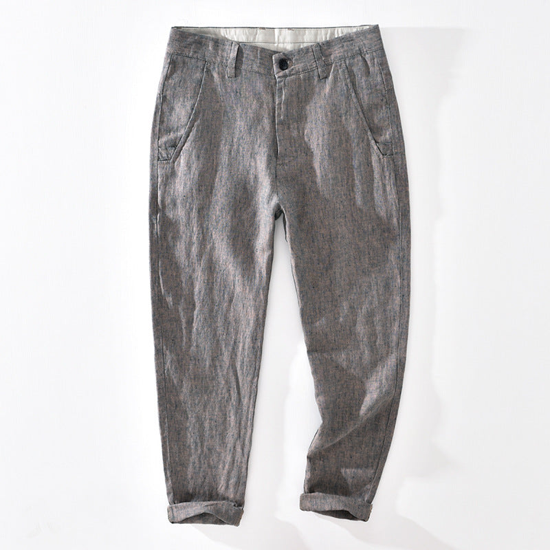 Casual Linen Men's Pants Ankle-length Pants Slim Fit Coffee Green