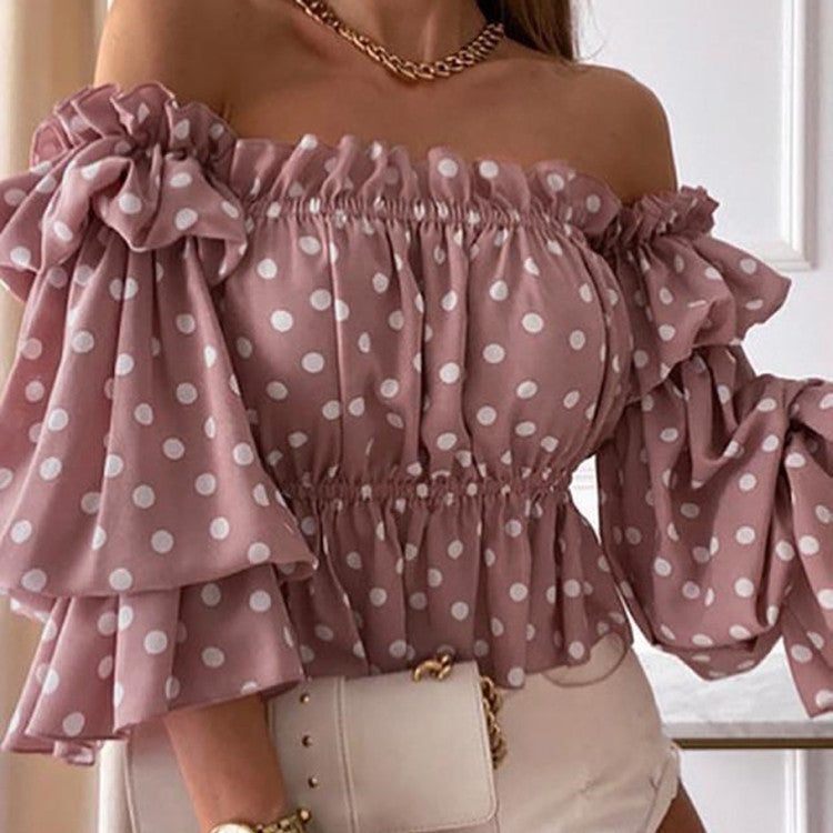 Women's Long Sleeve Blouse - Sexy Casual Shirt Pink polka dot sleeves
