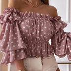 Women's Long Sleeve Blouse - Sexy Casual Shirt Pink polka dot sleeves