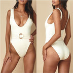 One-Piece Swimsuit with Belt Ring Detail - White