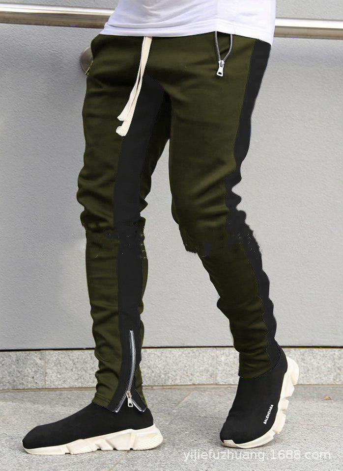 FOG Men's Casual Pants with Zipper - Retro Stripe Design Army green