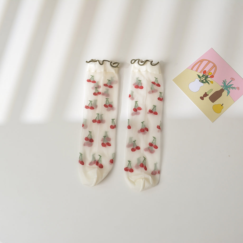 Girl's Strawberry Mid-Calf Socks - Breathable Ruffle Design Green Edge Cherry Average Size