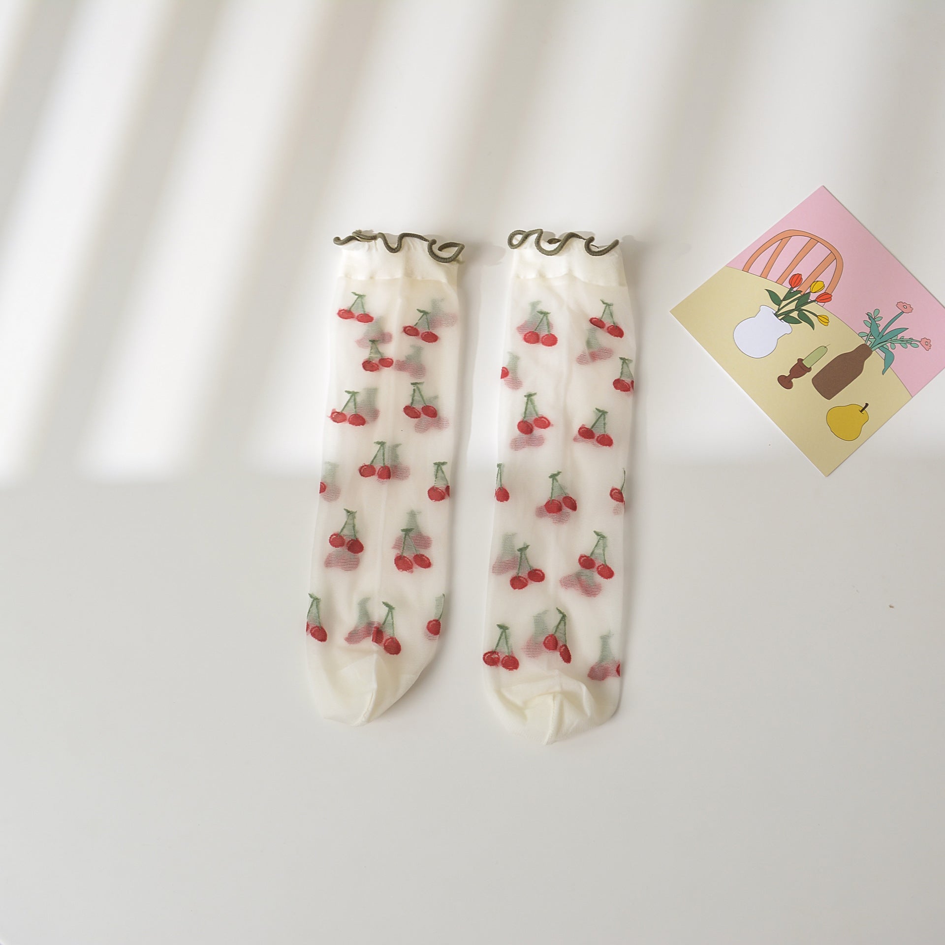 Girl's Strawberry Mid-Calf Socks - Breathable Ruffle Design Green Edge Cherry Average Size