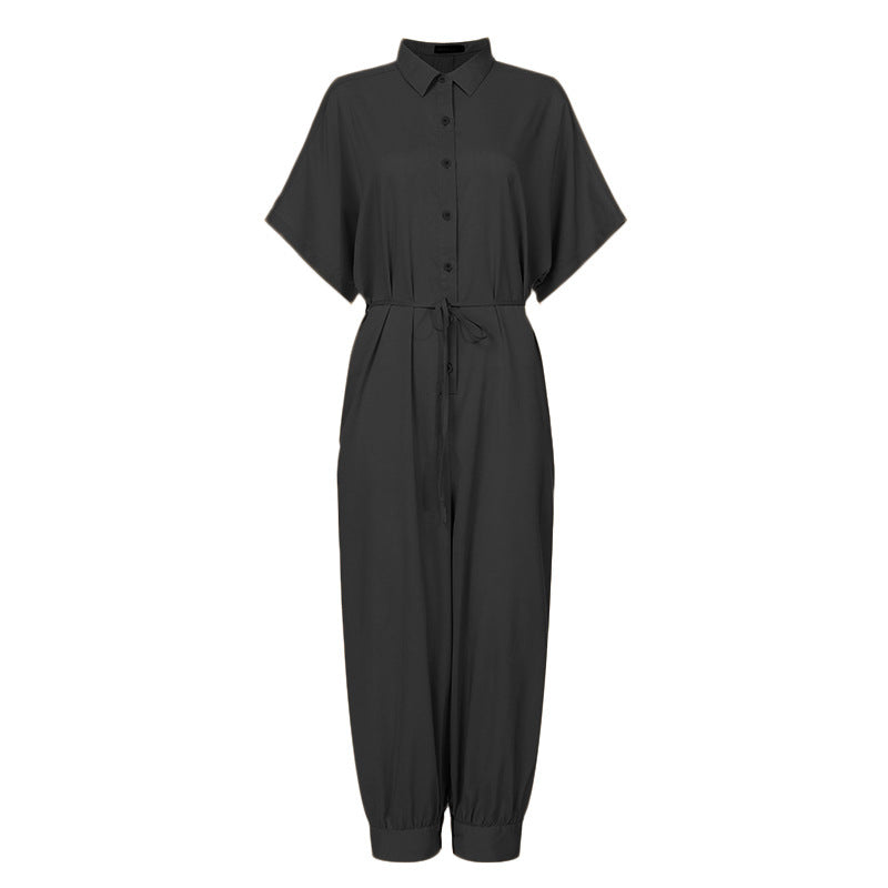 Retro Button-Front Jumpsuit - Vintage Loose Fit