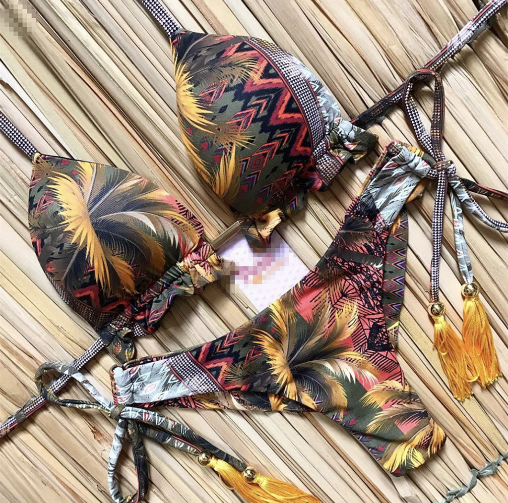 Printed Tassel Bikini Set - Multi-Color Two-Piece QS02