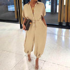 Retro Button-Front Jumpsuit - Vintage Loose Fit Khaki