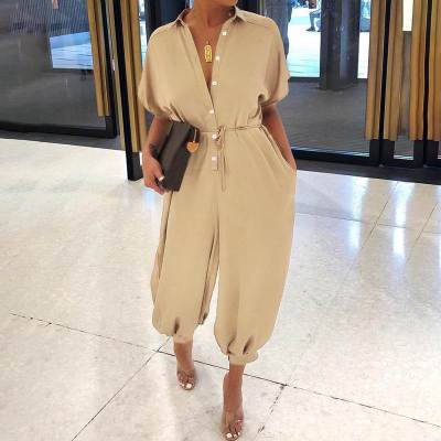Retro Button-Front Jumpsuit - Vintage Loose Fit Khaki