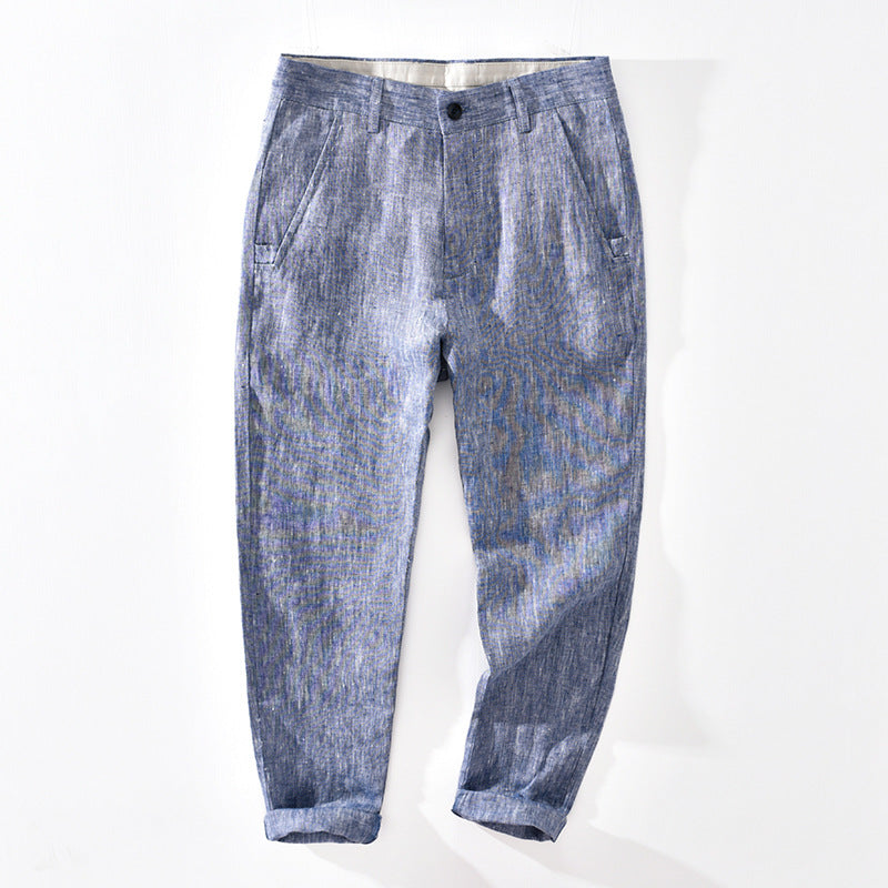 Casual Linen Men's Pants Ankle-length Pants Slim Fit Blue