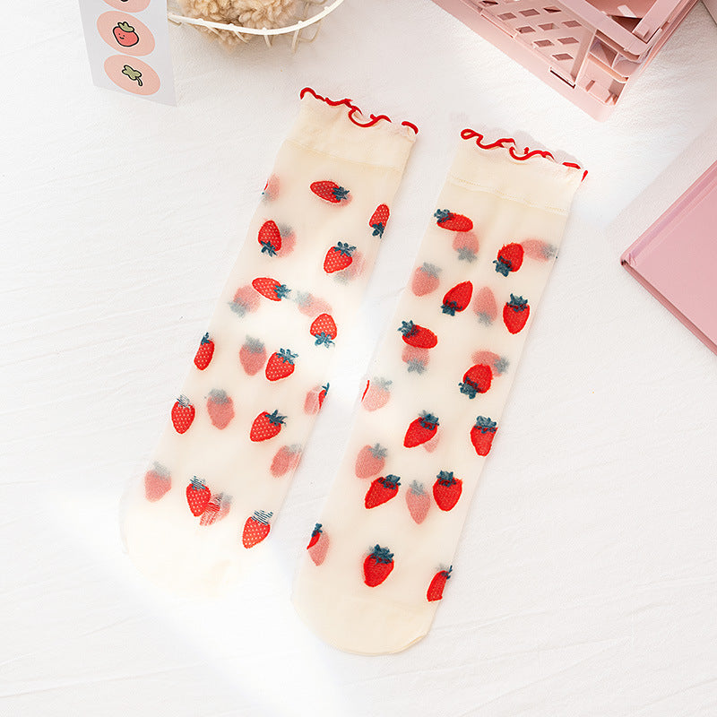 Girl's Strawberry Mid-Calf Socks - Breathable Ruffle Design Strawberry Average Size