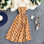 Vintage Polka Summer Dress With Straps Yellow One size