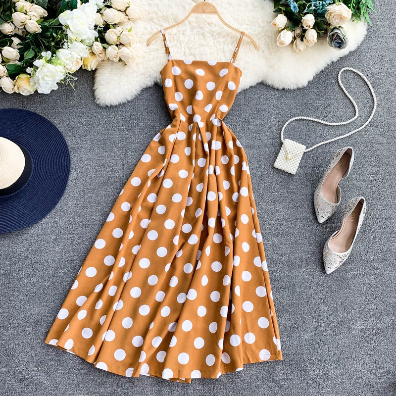 Vintage Polka Summer Dress With Straps Yellow One size