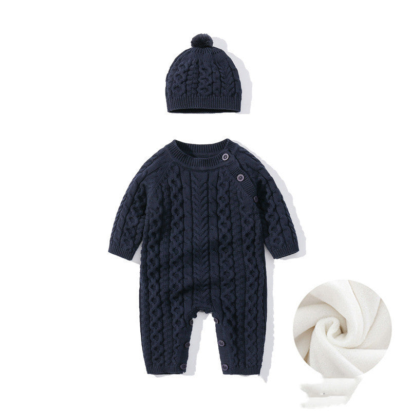 Baby Autumn Winter Knitted Onesie - Cozy Romper Navy Blue Add wool