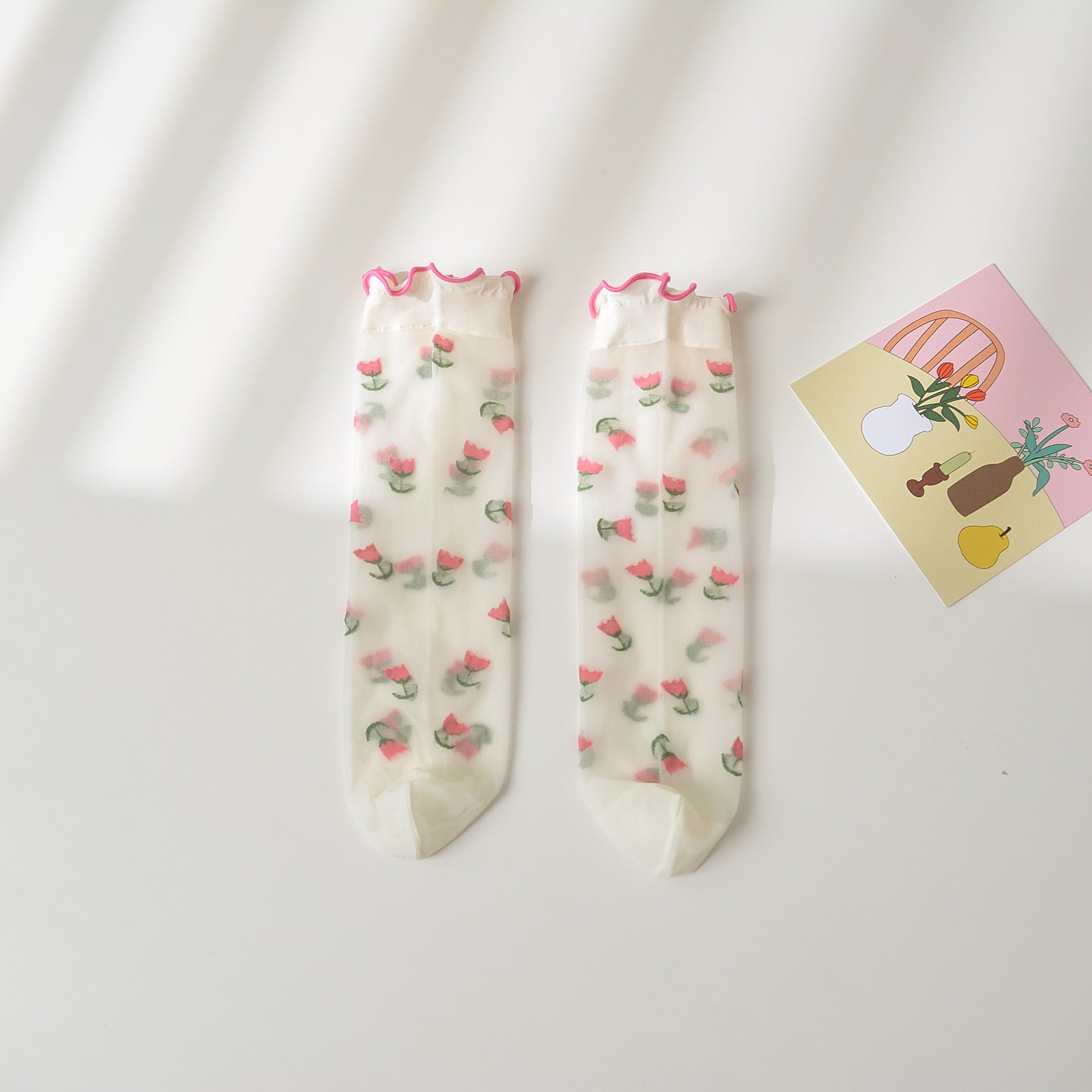 Girl's Strawberry Mid-Calf Socks - Breathable Ruffle Design Pink Tulip Average Size