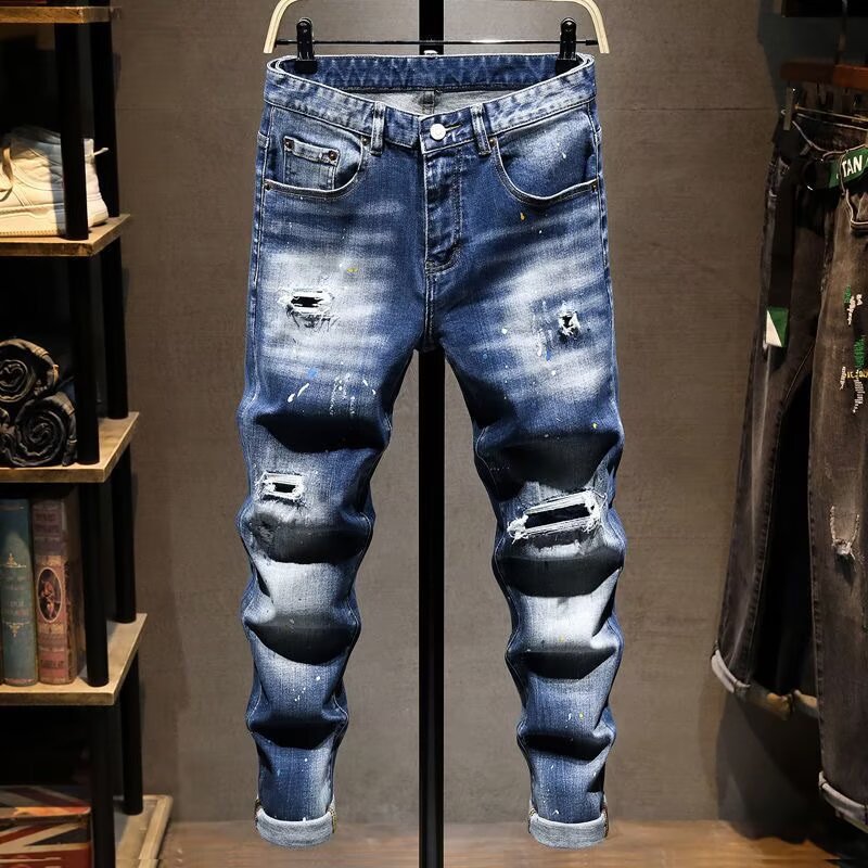 New Autumn Mens Ripped Versatile Slim-Fit Stretch Jeans 529 Blue