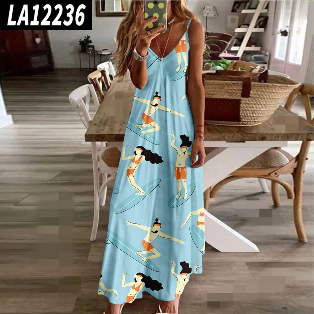 Summer Beach Sling Dress - Abstract Print Slim Fit 9pattern