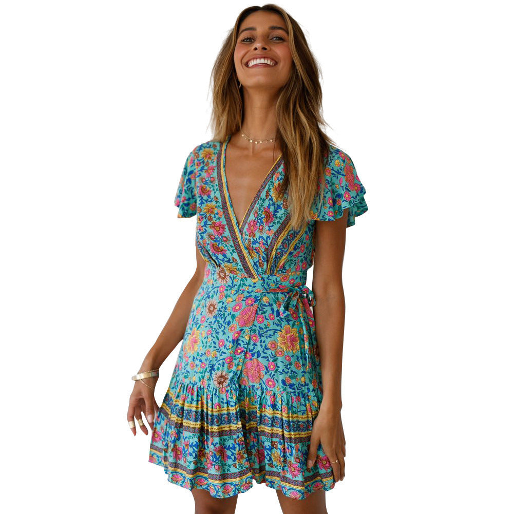 Bohemian V-Neck Print Dress - Summer Short Sleeve Green