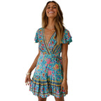 Bohemian V-Neck Print Dress - Summer Short Sleeve Green