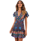 Bohemian V-Neck Print Dress - Summer Short Sleeve Black And Blue