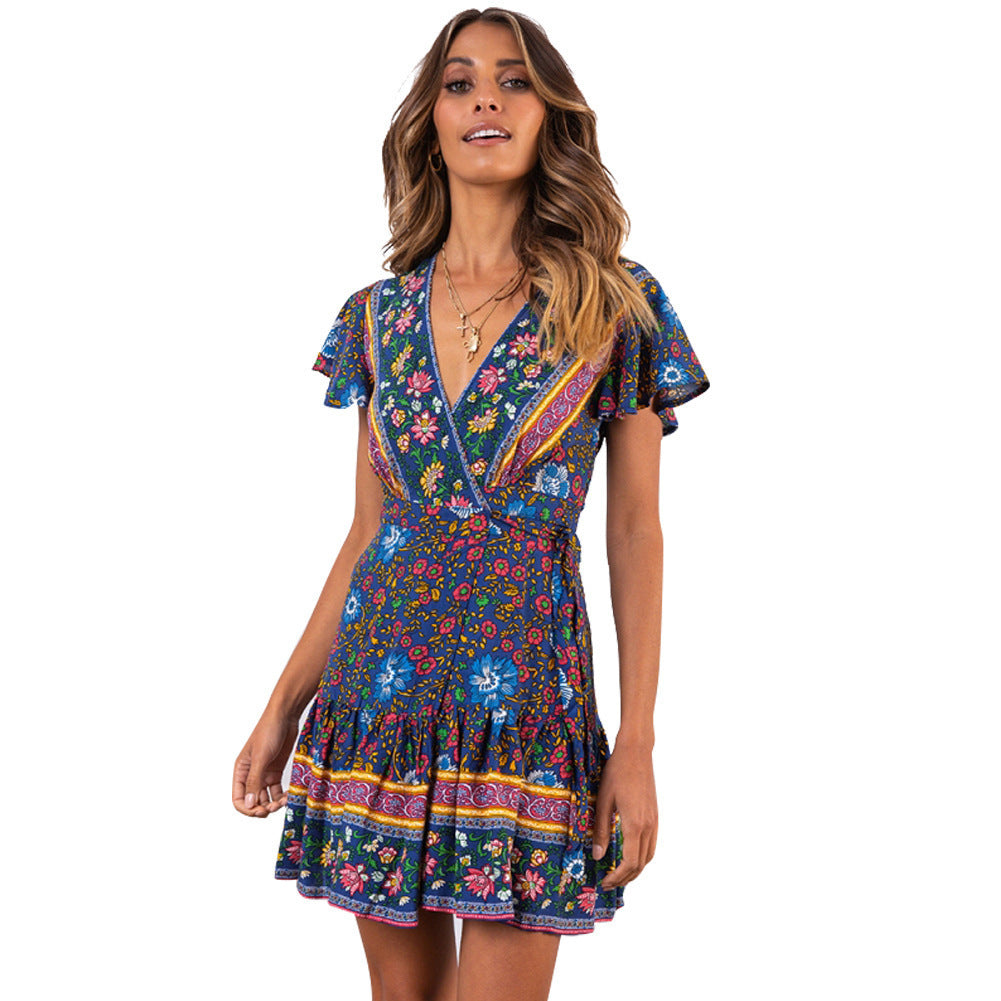 Bohemian V-Neck Print Dress - Summer Short Sleeve Black And Blue