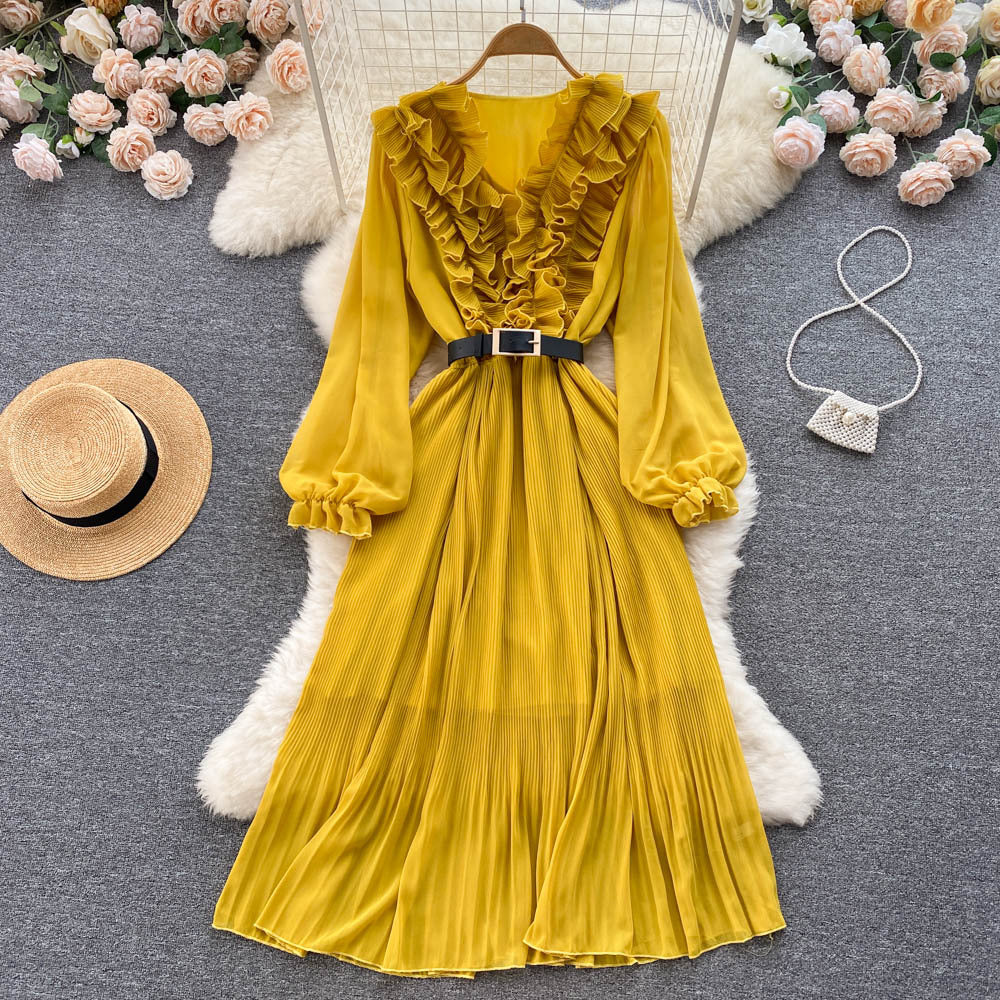 Summer Long Sleeve Chiffon Dress - Elegant Style Yellow Average Size