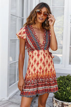 Bohemian V-Neck Print Dress - Summer Short Sleeve Orange