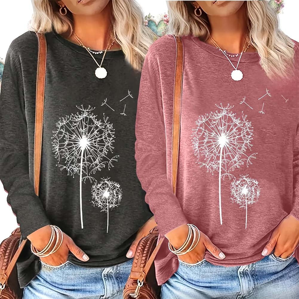 2-Pack Women’s Floral Graphic Long Sleeve T-Shirts – Casual Loose Fit Black Red