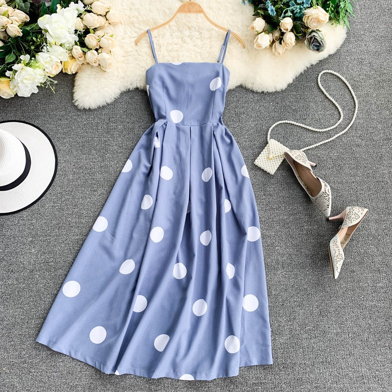 Vintage Polka Summer Dress With Straps Blue One size