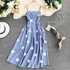 Vintage Polka Summer Dress With Straps Blue One size