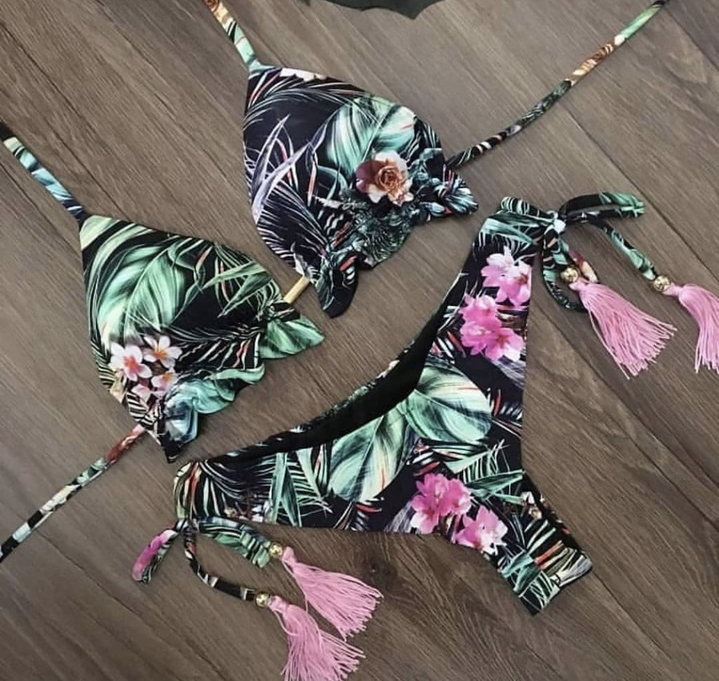 Printed Tassel Bikini Set - Multi-Color Two-Piece Y259