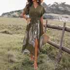Summer Elegance Temperament Printed Dress Army Green