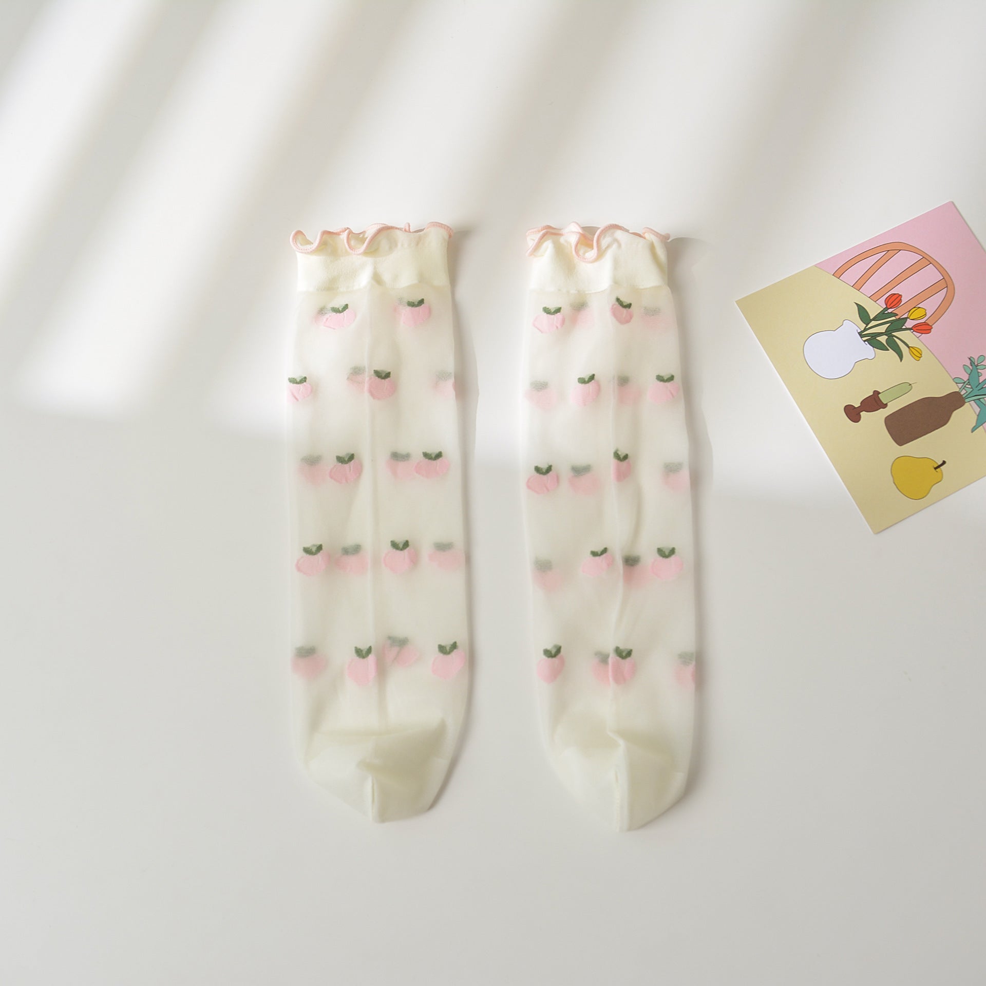 Girl's Strawberry Mid-Calf Socks - Breathable Ruffle Design Light Pink Peach Average Size