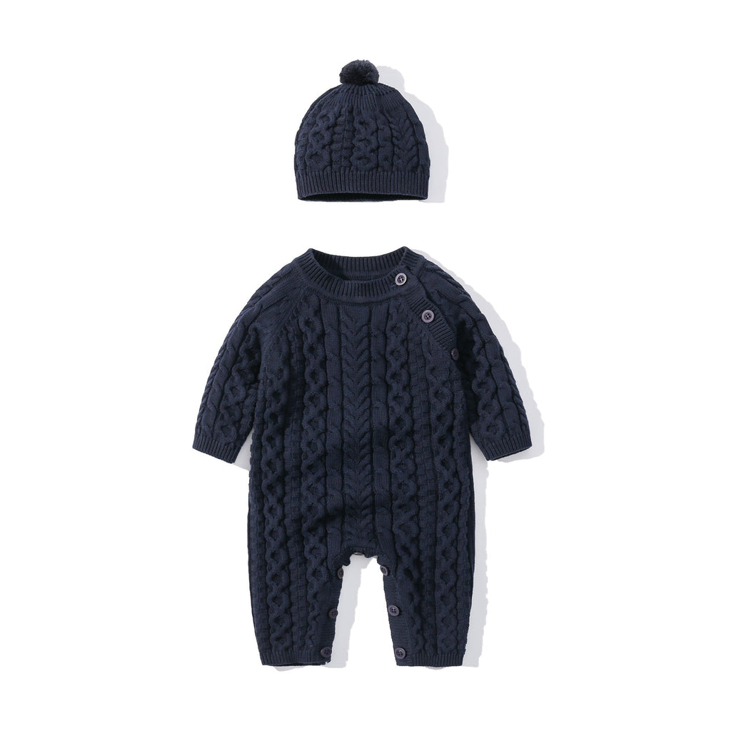 Baby Autumn Winter Knitted Onesie - Cozy Romper Navy Blue