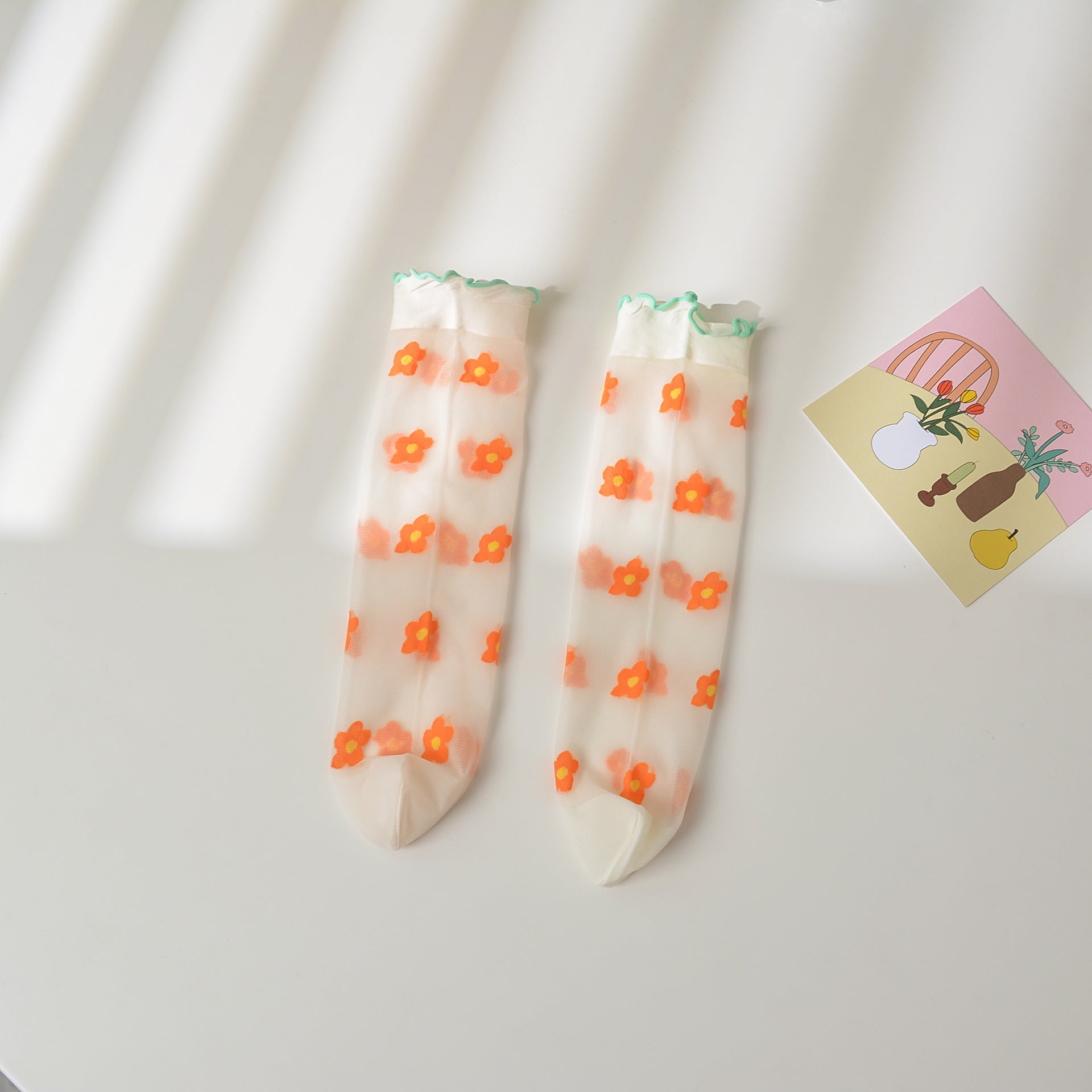 Girl's Strawberry Mid-Calf Socks - Breathable Ruffle Design Orange Floret Average Size