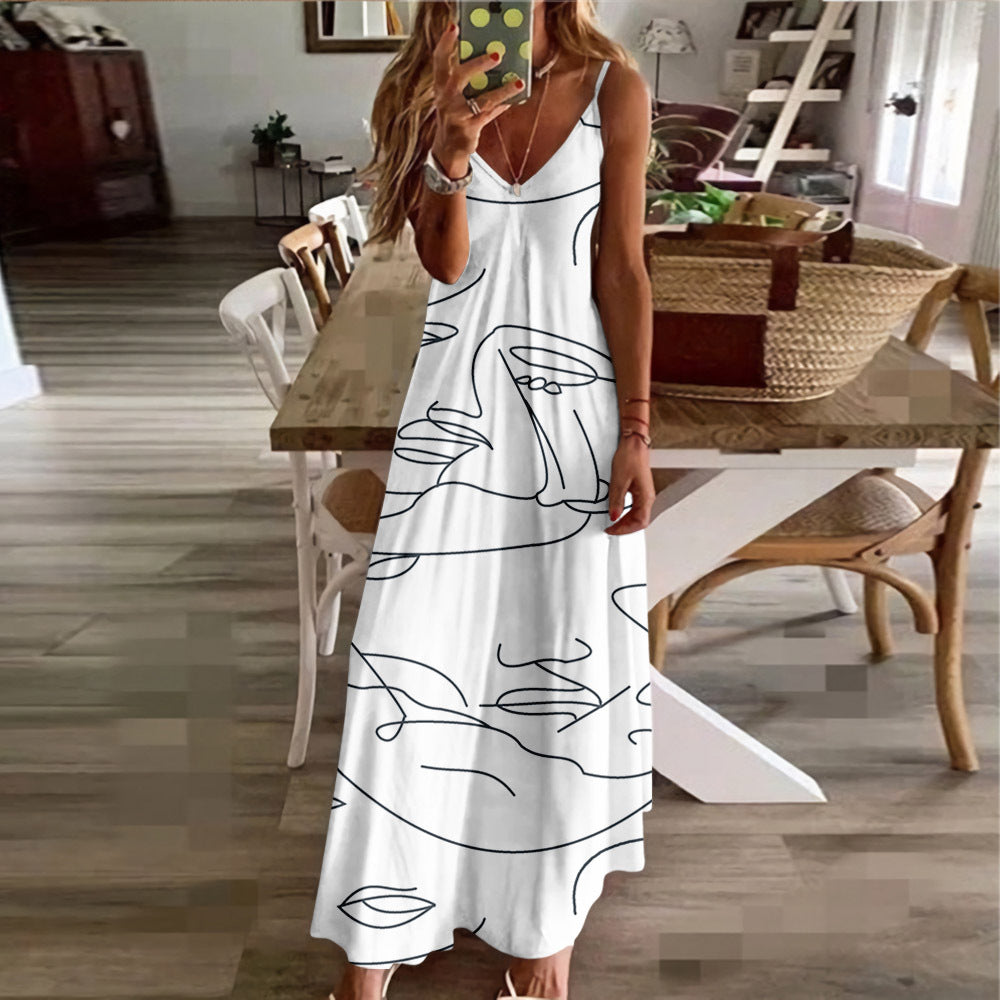 Summer Beach Sling Dress - Abstract Print Slim Fit 1pattern